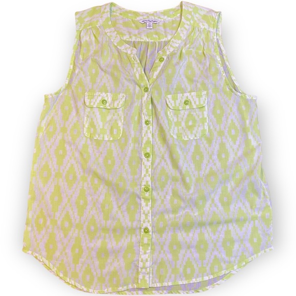 2for$30 American Eagle Neon Green White Sleeveless Button Summer Top Size Large - Picture 1 of 10